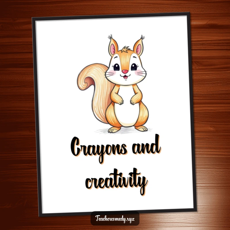 Funny poster depicting a playful squirrel focused on drawing with a crayon on a large paper, a humorous piece of art.