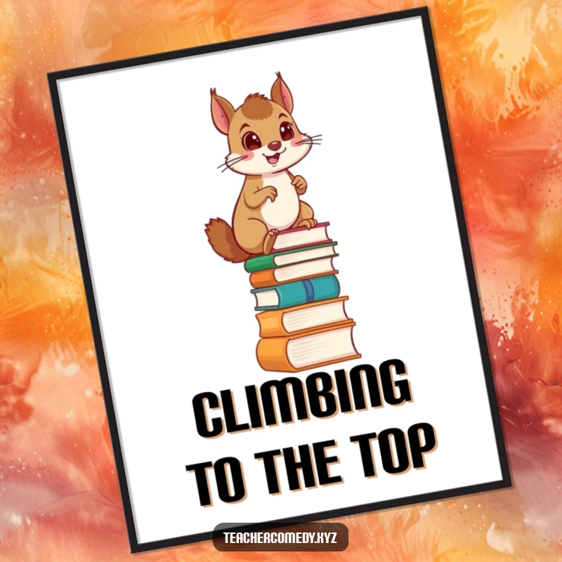 Funny poster showing a proud squirrel determinedly climbing a ladder made entirely of books, representing the pursuit of knowledge.