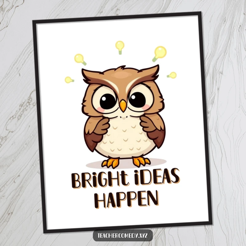 Funny poster print of a wise owl illustrating a concept with glowing light bulbs. Inspiring decor.