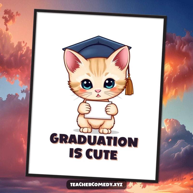 Funny poster featuring a curious kitten wearing a graduation cap and holding a diploma. Celebratory decor.