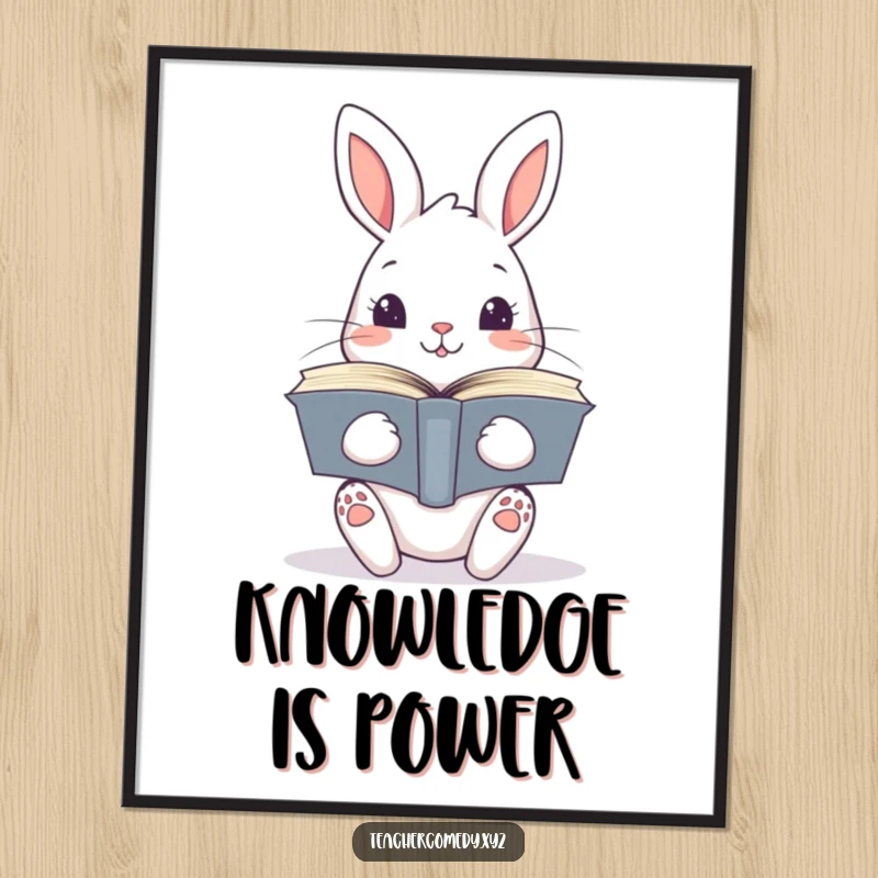 Funny kawaii rabbit holding a stack of open books, embodying a passion for reading, a charming and humorous poster for book lovers.