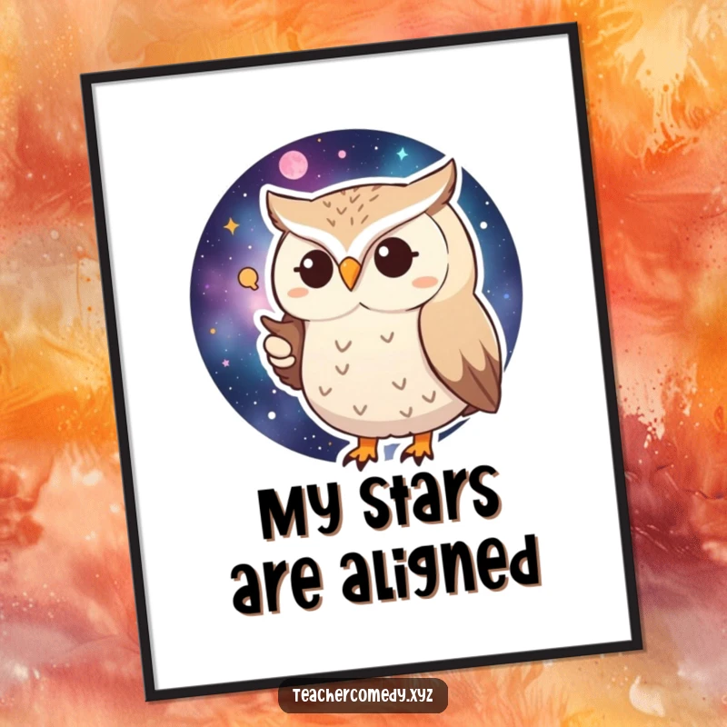 Funny Huffy Owl Poster: A grumpy owl pointing at a detailed galaxy map, perfect for humorous wall art.