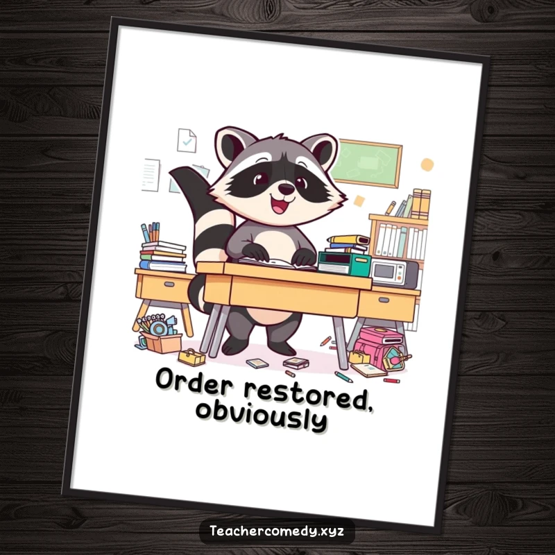 Funny Raccoon Poster: A triumphant raccoon stands over a tidied chaotic desk, bringing humorous wall art.