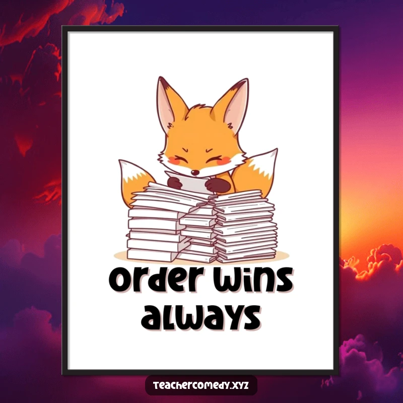 Funny fox poster with a determined fox meticulously organizing a large pile of papers, bringing professional and humorous art to any space.
