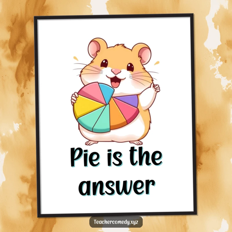 Funny hamster character enthusiastically presenting a colorful pie chart, educational wall art, funny poster.