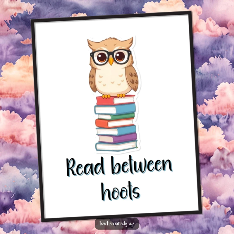 Funny owl poster with spectacles perched on a tall stack of books, bringing intellectual and humorous art to any room.