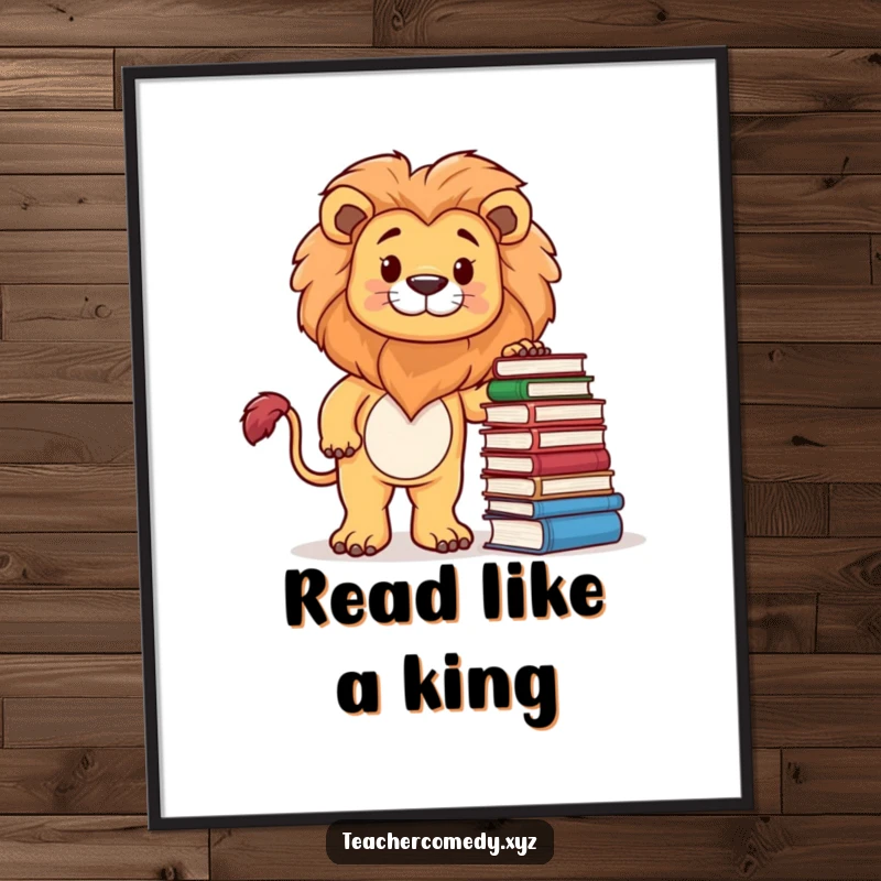 Funny poster showing a proud lion character next to a stack of books, symbolizing intelligence, ambition, and the joy of learning.
