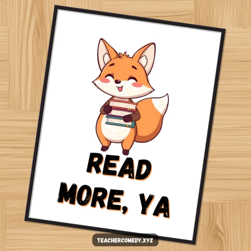 Funny poster of a happy fox holding a stack of books and pointing, perfect for adding literary charm to wall decor.