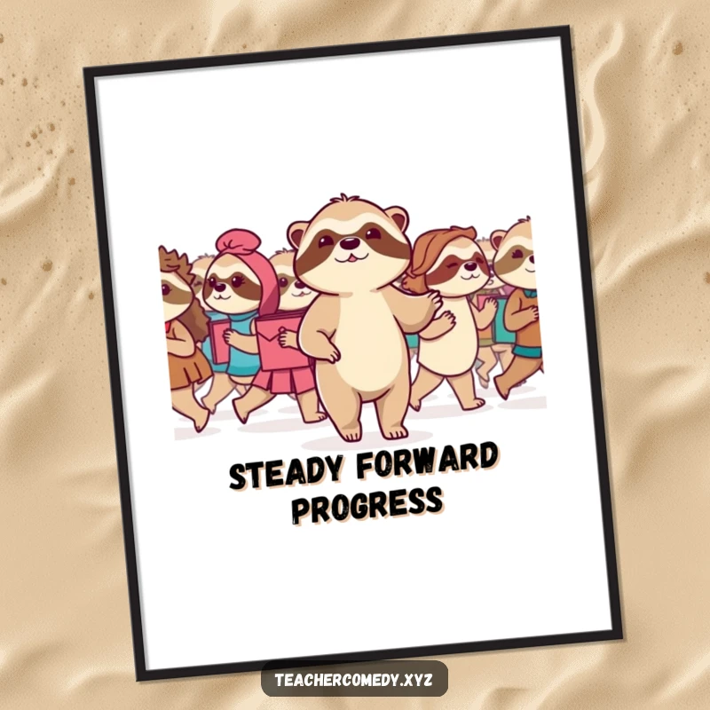 Funny Sloth Poster: A serene sloth leads a class in a slow but determined march, an inspiring piece of wall art for motivation.