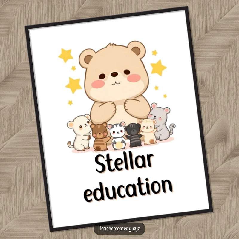 Funny poster of a chubby bear cub teaching smaller animals to count stars, creating an adorable and inspiring educational display.