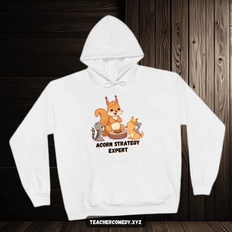 Funny squirrel hoodie with a cheerful squirrel teaching younger animals a game, offering warmth and playful humor.