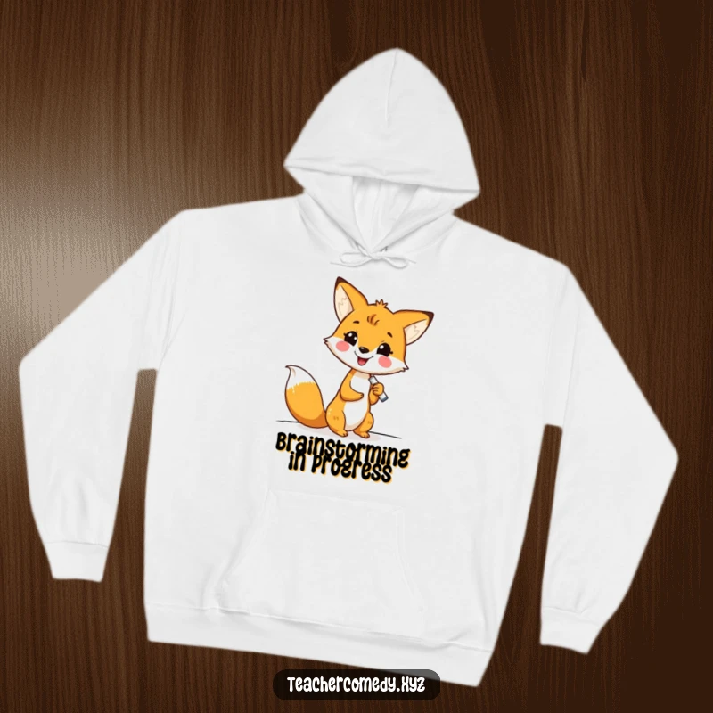 Funny kawaii fox artistically writing on a whiteboard with chalk, radiating pure joy, perfect for a cozy and humorous hoodie.