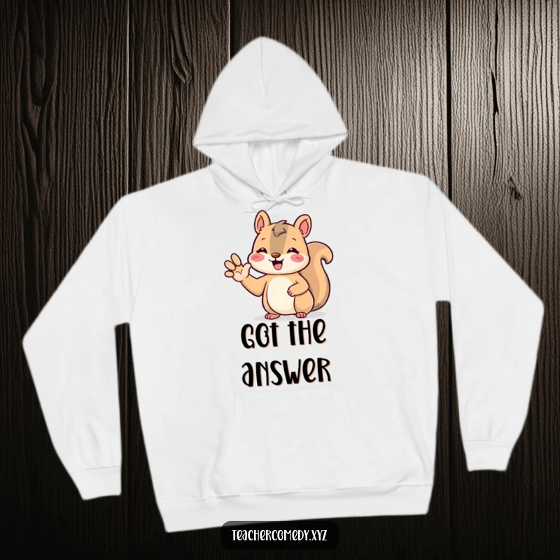 Funny kawaii squirrel hoodie, cozy and warm, beaming while raising a paw to answer, depicting a helpful and cute character.
