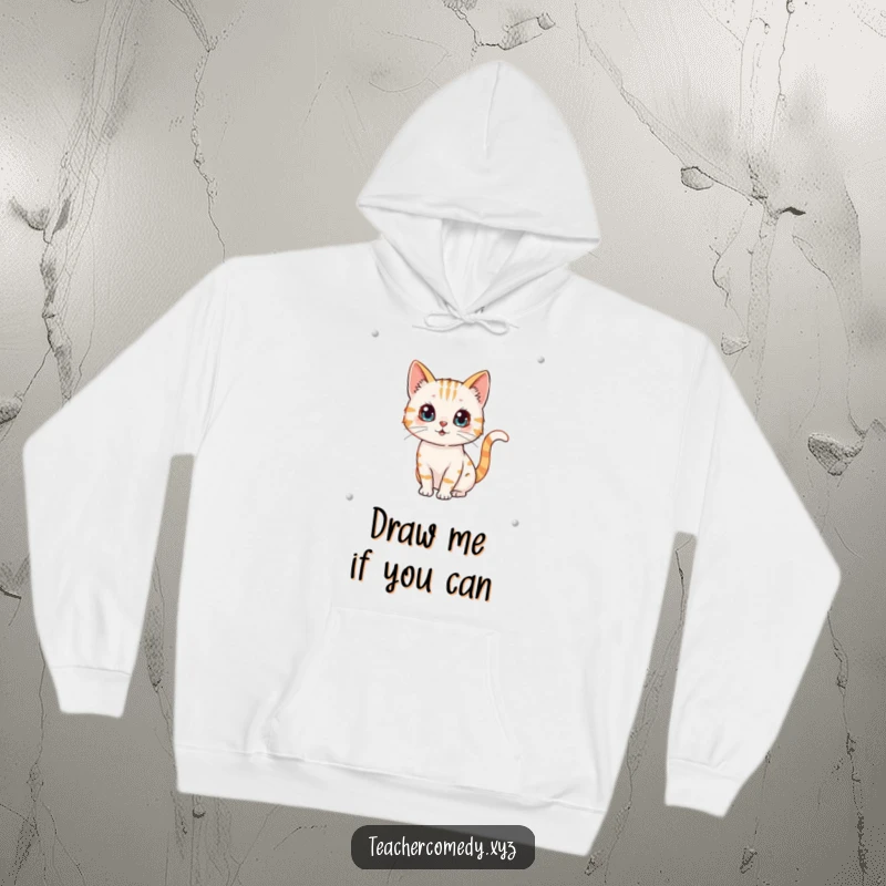 Funny hoodie featuring a curious cat character drawing on a whiteboard with its paw, tail wagging excitedly.