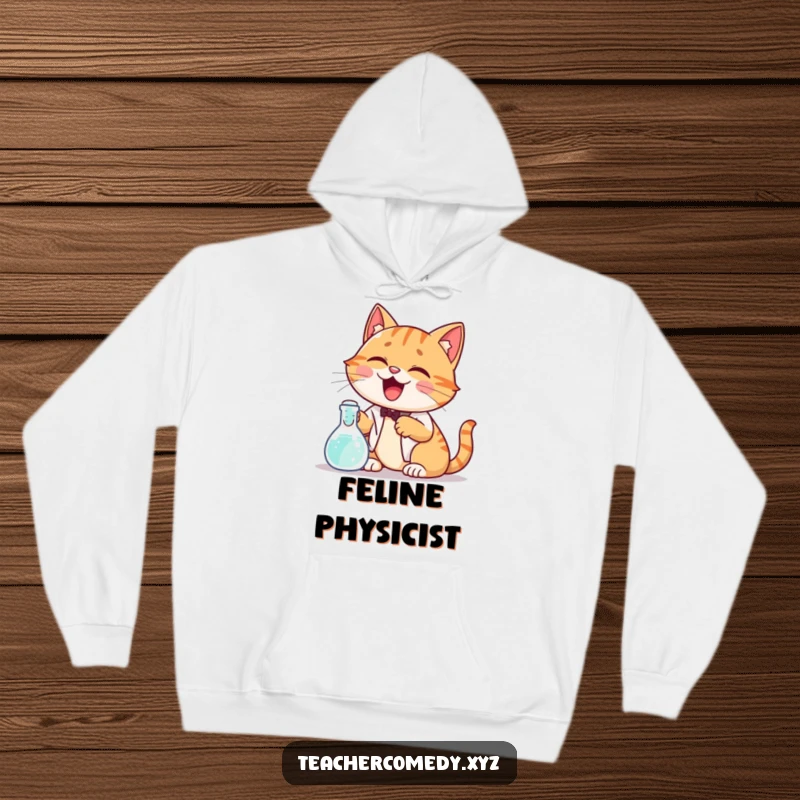 Funny hoodie with a giggling cat demonstrating a science experiment with a bubbling beaker, offering warmth and humorous inspiration for curious minds.