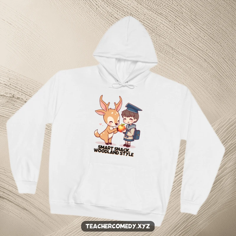 Funny hoodie design: a compassionate deer offers a shining apple to a student, perfect for cozy, intellectual vibes.