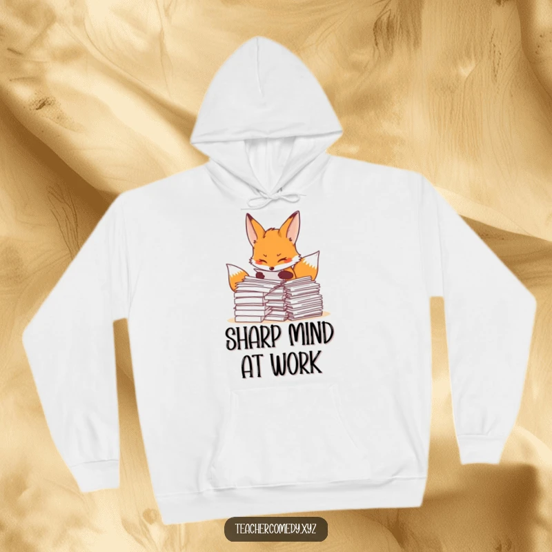 Funny fox hoodie with a determined fox organizing papers, offering warmth and a symbol of focused effort.