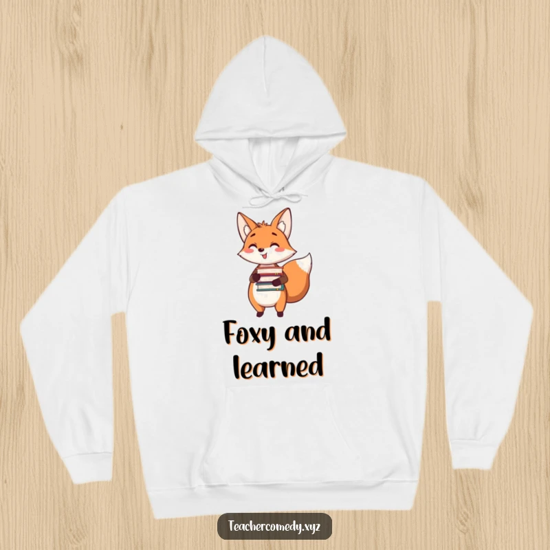 Funny hoodie showing a happy fox holding a stack of books and pointing, perfect for cozy reading and literary enjoyment.