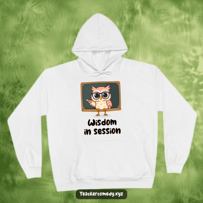 Funny owl hoodie featuring a wise owl with spectacles pointing at a chalkboard, perfect for cozy learning sessions.