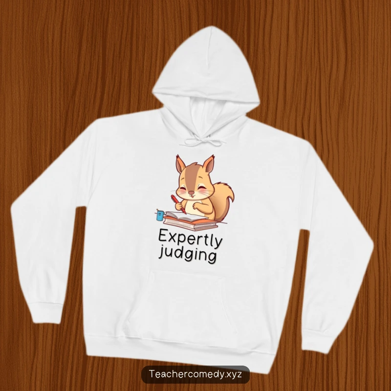 Funny hoodie depicting a meticulous squirrel grading papers with a tiny red pen, offering humorous comfort for scholars.