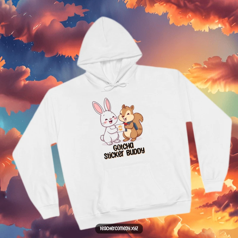 Funny hoodie with a cheerful bunny offering a sticker to an attentive student squirrel, depicting a delightful and heartwarming scene of encouragement.