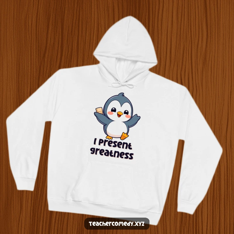 Funny Kawaii Penguin Hoodie: A cheerful penguin presents a project with an exaggerated flourish, perfect for staying cozy and full of pride.