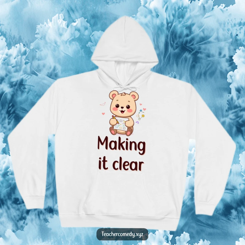 Funny kawaii bear hoodie, happy and artistic, drawing a colorful diagram, providing warmth and creative inspiration.
