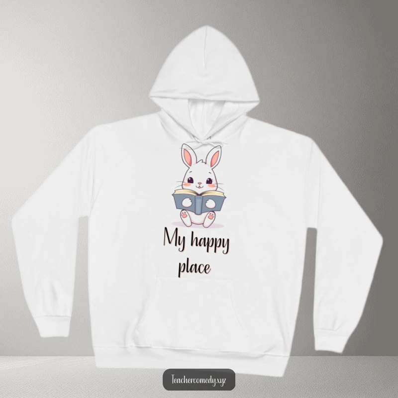 Funny kawaii rabbit engrossed in a pile of open books, radiating a cozy and intellectual vibe, perfect for a warm hoodie.