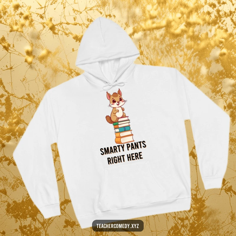 Funny hoodie featuring a proud squirrel climbing a ladder made of books, symbolizing a determined pursuit of knowledge and comfort.
