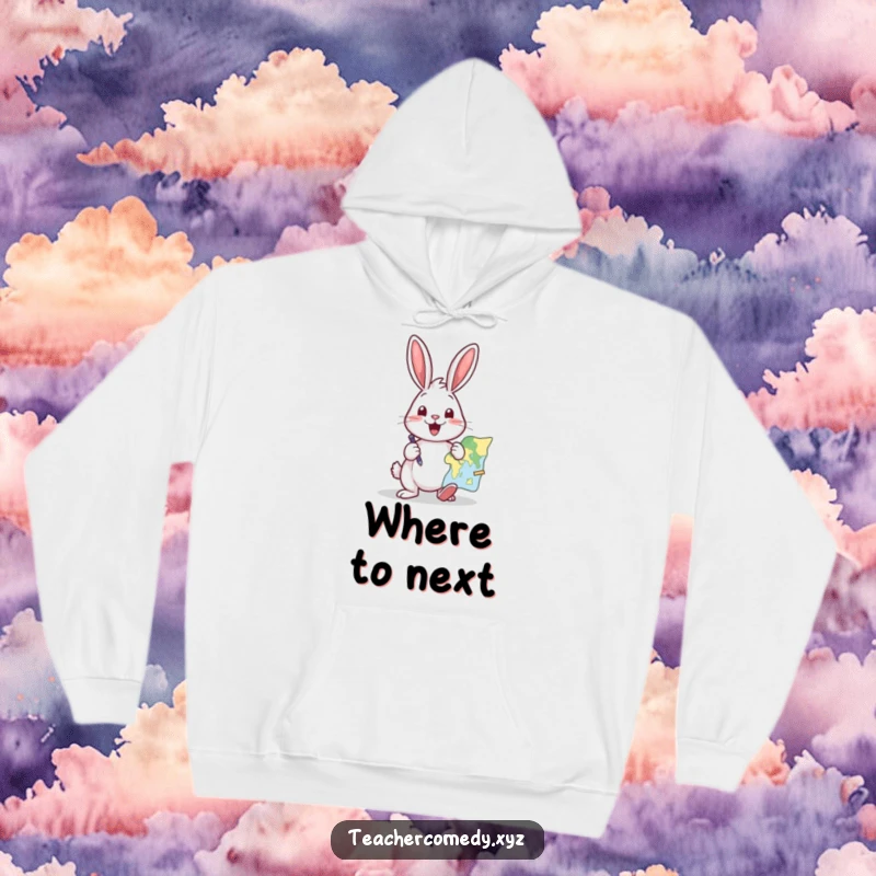 Funny hoodie with a cheerful rabbit energetically using a pointer on a map, symbolizing humorous travel plans.
