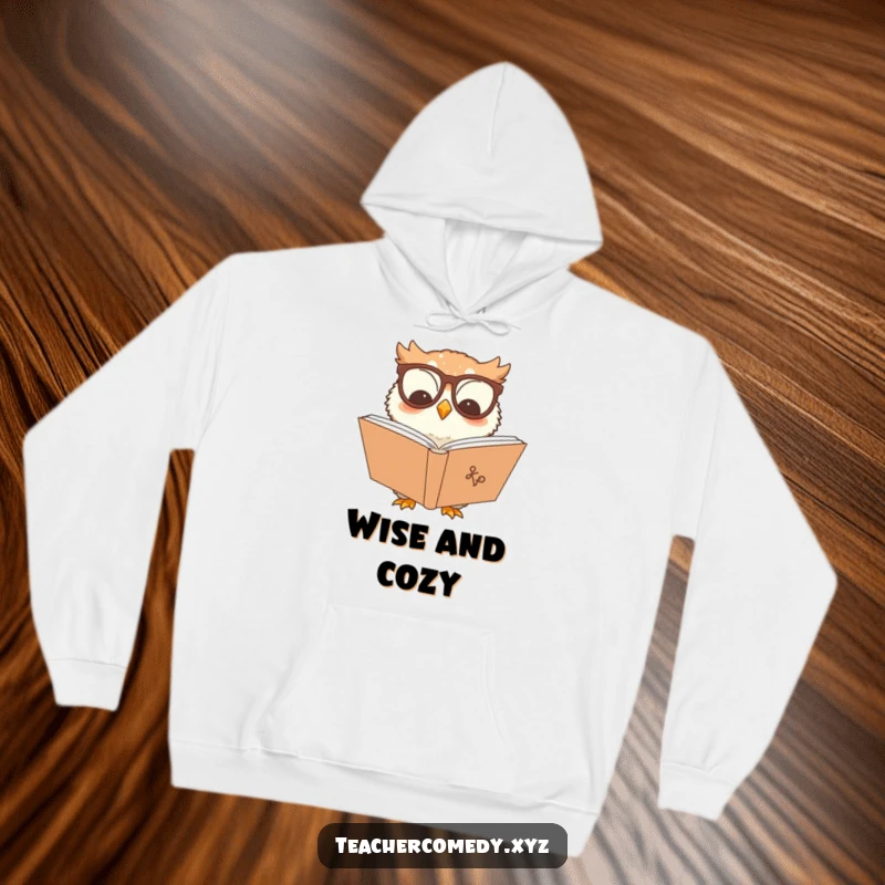 Funny owl character hoodie, a wise owl wearing glasses, engrossed in a book, perfect for cozy reading.