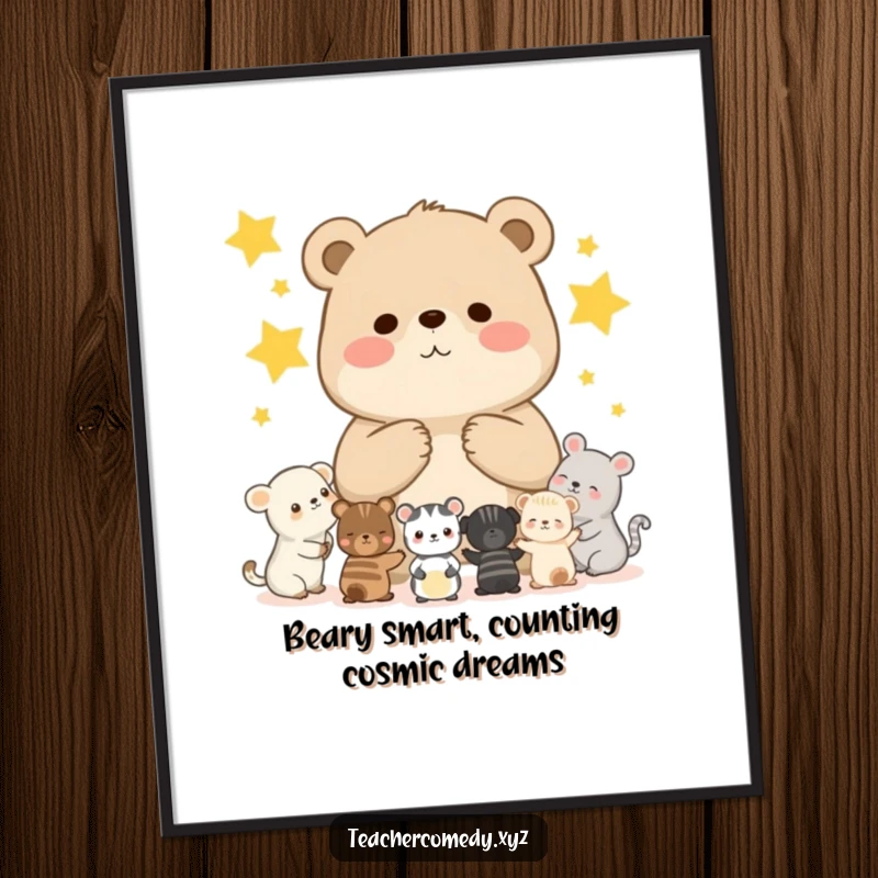Free Printable Wall Art: A chubby bear cub teaches smaller animals to count stars in a charming scene.