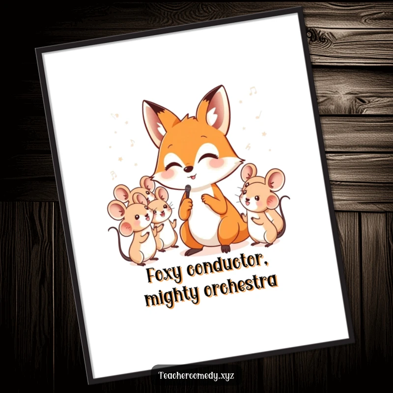 Funny free printable wall art depicting a clever fox energetically conducting a delightful choir of small, harmonizing mice in a musical scene.