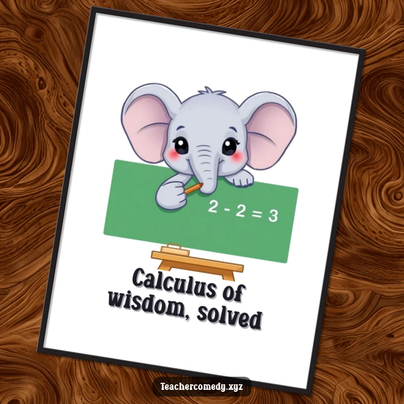 Funny Free Printable Elephant Wall Art: Elephant points to complex math on blackboard, educational humor.