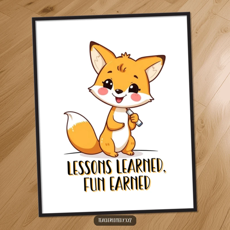Funny Free Printable Wall Art: Smiling kawaii fox enthusiastically writing on a whiteboard, adding humor to any room.
