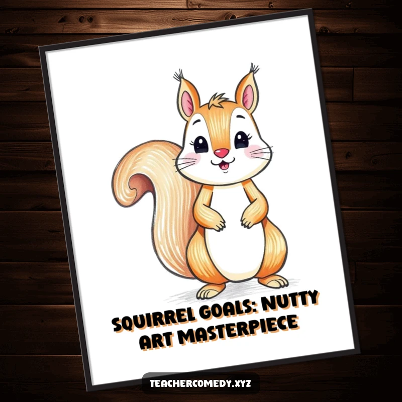 Funny Free Printable Wall Art: A playful squirrel is shown drawing with a crayon on a large piece of paper, creating art.