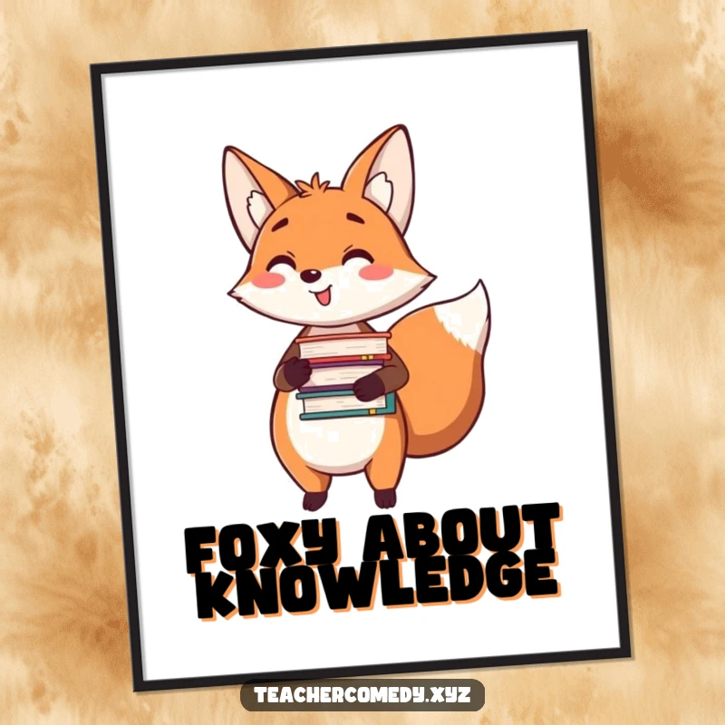 Funny Free Printable Wall Art: Happy fox holds books, pointing to wisdom and decor.