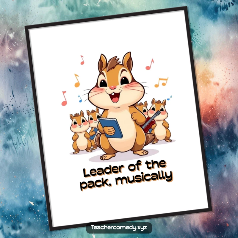 Funny Free Printable Wall Art: A determined chipmunk passionately leads a lively musical performance with glee.