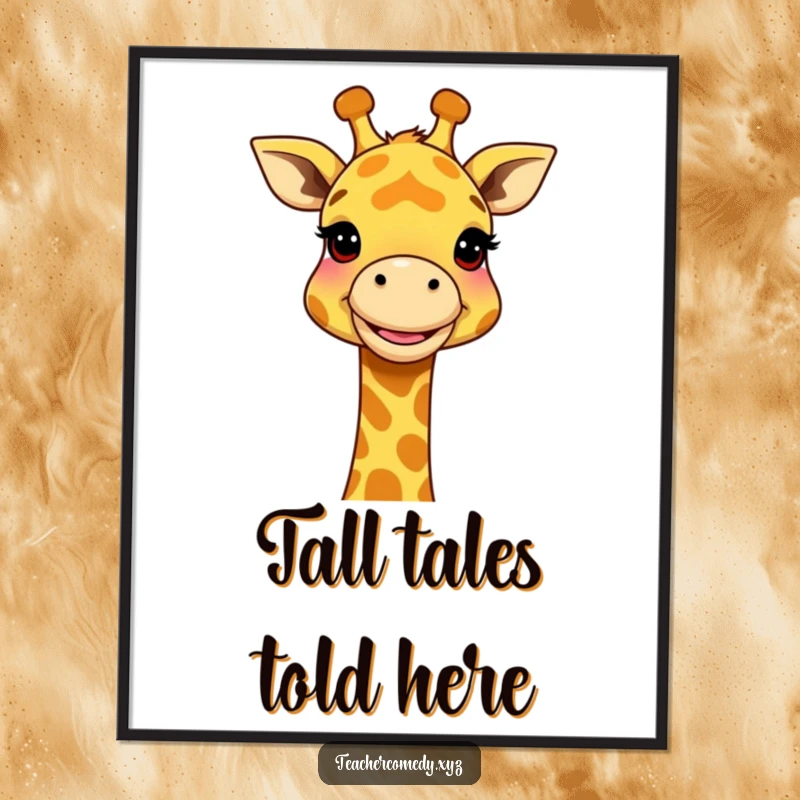 Funny Free Printable Wall Art: Smiling giraffe enthusiastically demonstrates a large, abstract concept using its long, graceful neck.