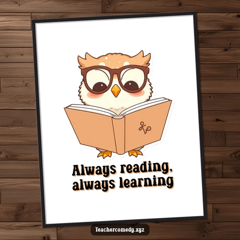 Funny Free Printable Wall Art: A smiling owl character with glasses intently reading a large, open book, radiating wisdom.