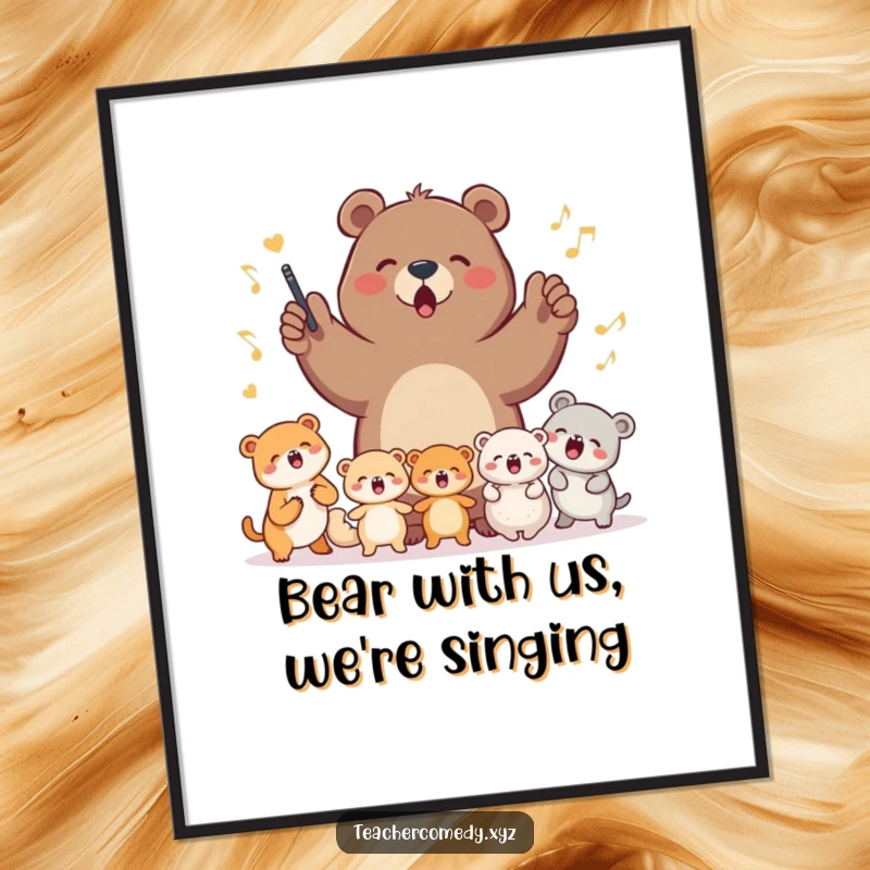 Funny Free Printable Wall Art: Determined bear leading a group of cute, smaller animals in a spirited song, a lively musical illustration.