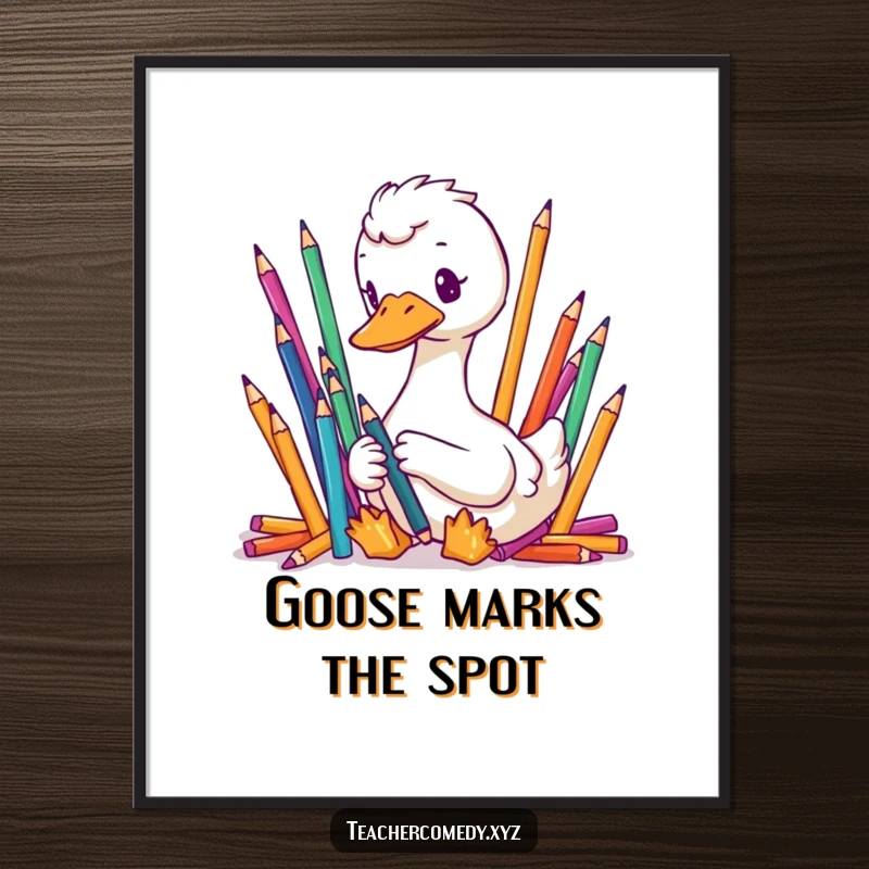 Funny Free Printable Wall Art: A focused goose is seen meticulously organizing a set of colorful pencils.