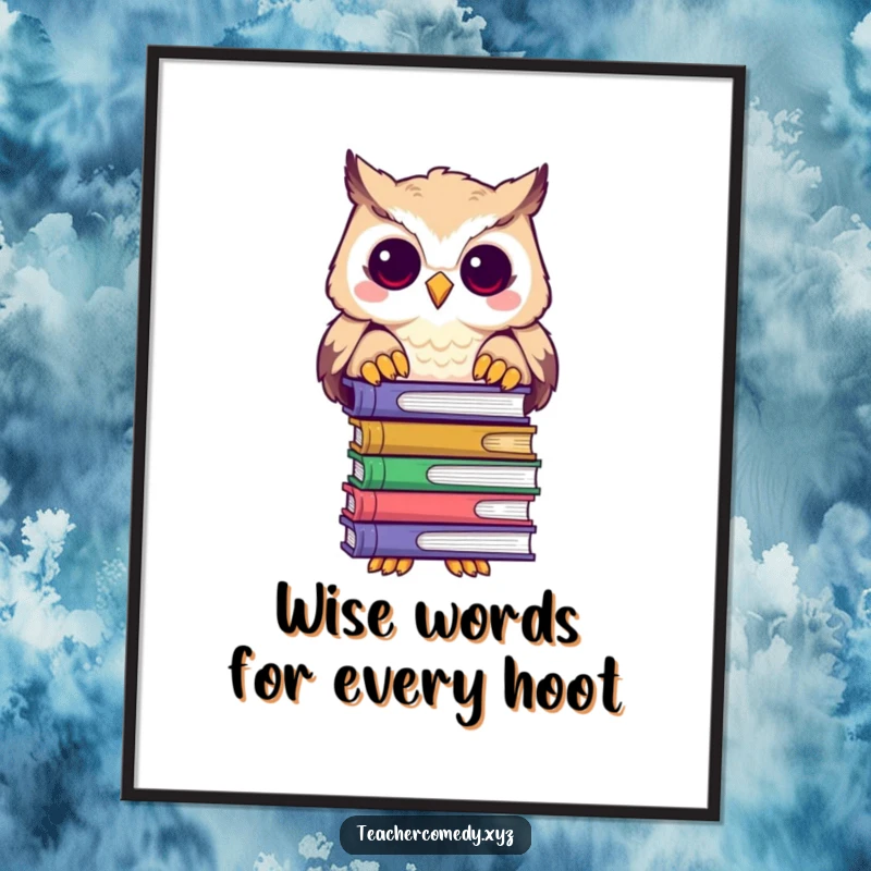 Funny Free Printable Wall Art: A charming owl wearing glasses, balancing a tall stack of books, peering over them with a knowing gaze.