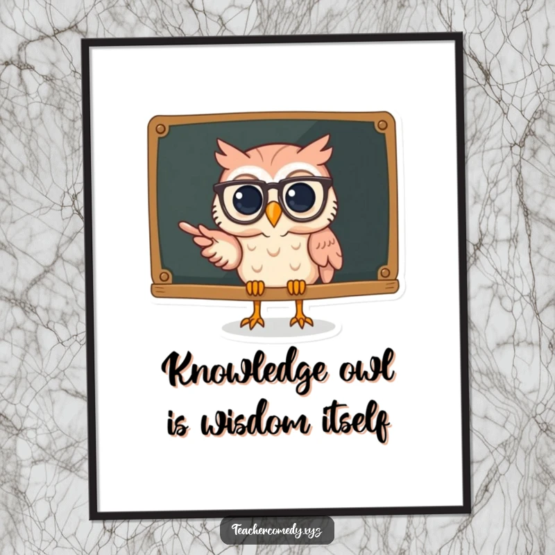 Funny Free Printable Wall Art: An owl wearing spectacles enthusiastically points at a chalkboard filled with clever symbols and learning.