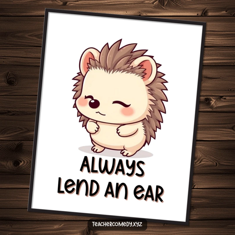 Funny Free Printable Wall Art featuring a kawaii hedgehog listening intently with its adorable ears fully perked.