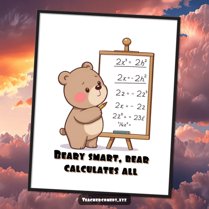 Funny Free Printable Wall Art: Determined bear scribbling math equations, a humorous and intellectual illustration.