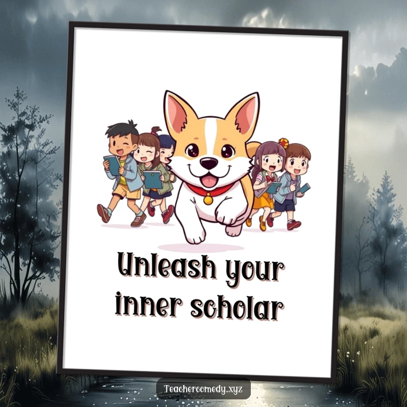 Funny Free Printable Wall Art: A determined dog leads a pack of smiling students in a joyful and energetic activity.
