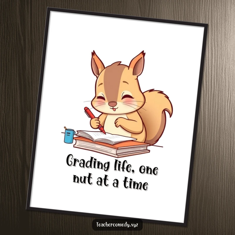 Funny Free Printable Wall Art: A diligent squirrel meticulously grading papers with a tiny red pen, showcasing focus and academic humor.