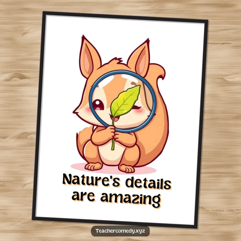 Funny Free Printable Wall Art: Squirrel character closely examining a magnified leaf with glee, detailed illustration, charming downloadable art.