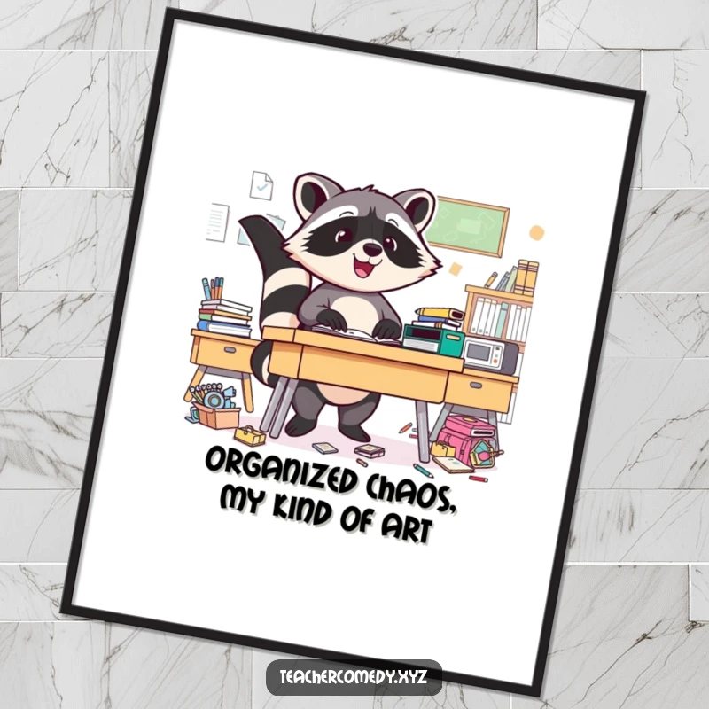 Funny Free Printable Wall Art: Triumphant raccoon with a determined look, organizing a hilariously messy desk.